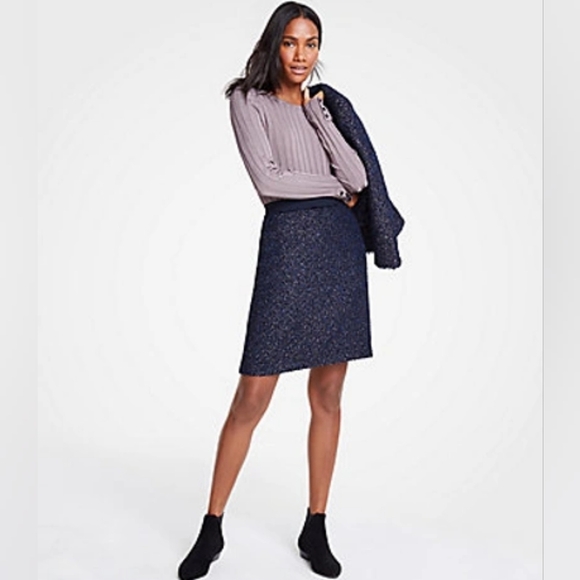 Ann Taylor Metallic Tweed A-Line Skirt Size 10 Navy Blue Wool Boucle Knee-Length